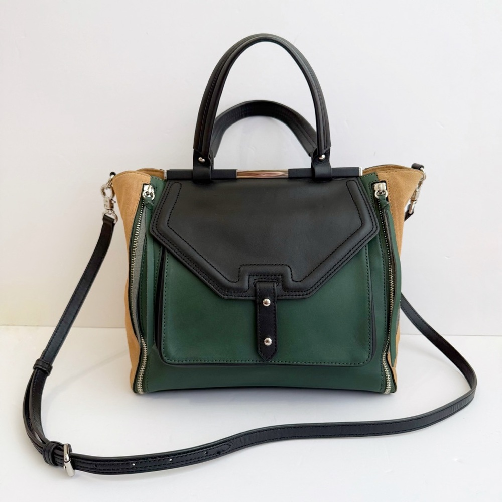 REBECCA MINKOFF BLACK GREEN LEATHER TAN SUEDE FRONT POCKET SIDE ZIPPERS PURSE - Picture 1 of 12